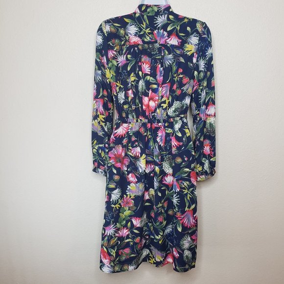 Jcrew Sz XS Tie-Neck Navy Floral Print Sheer Top Midi Dress (475) - Picture 8 of 10
